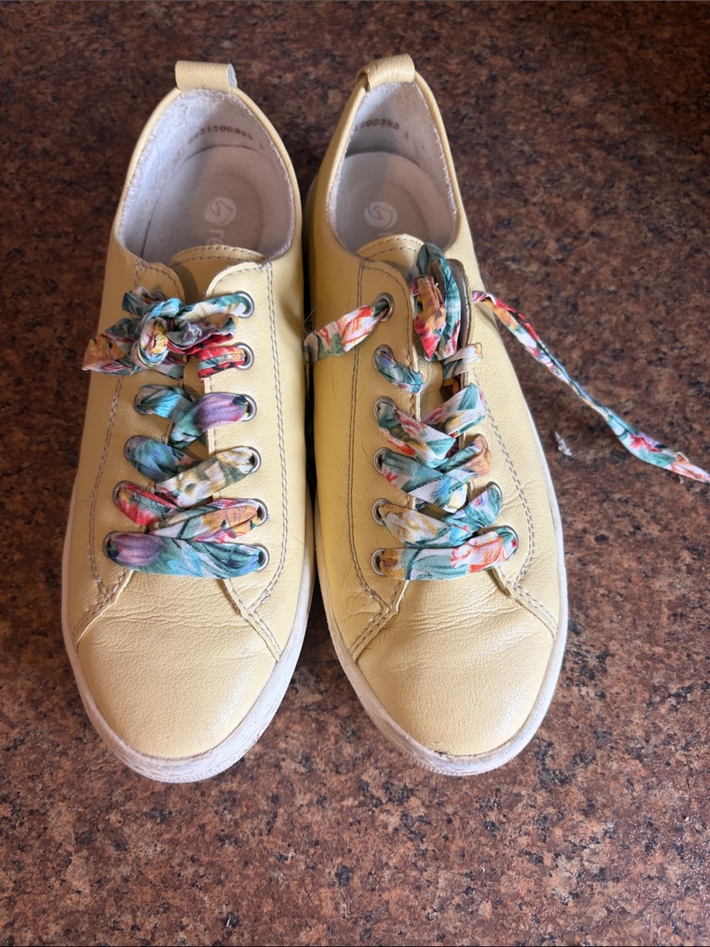 Women’s Casual Yellow Leather Sneakers with Floral Laces